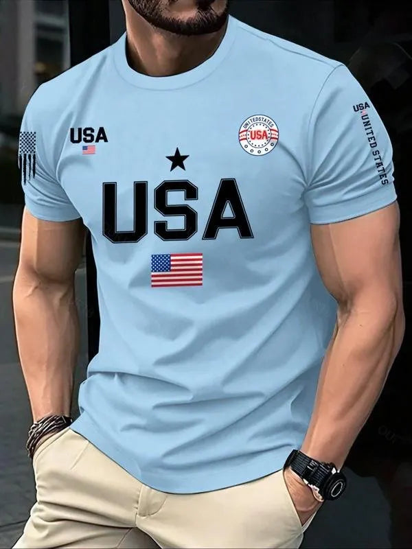 Men's USA Flag Print Round Neck Tee, Regular Fit Casual Short Sleeve Crew Neck T-Shirt for Summer, Fashion Men's Top for Daily Wear