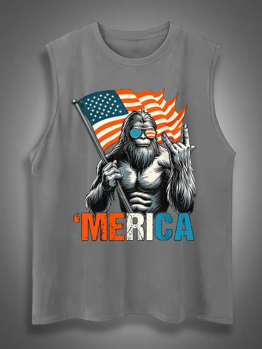 Merica Bigfoot Print Cotton Sleeveless Tank Tops