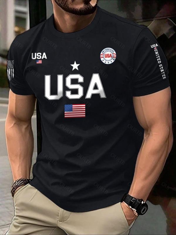 Men's USA Flag Print Round Neck Tee, Regular Fit Casual Short Sleeve Crew Neck T-Shirt for Summer, Fashion Men's Top for Daily Wear
