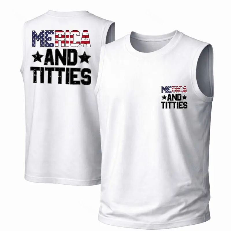 Merica And Titties Pattern Round Neck 100% Cotton Tank Top