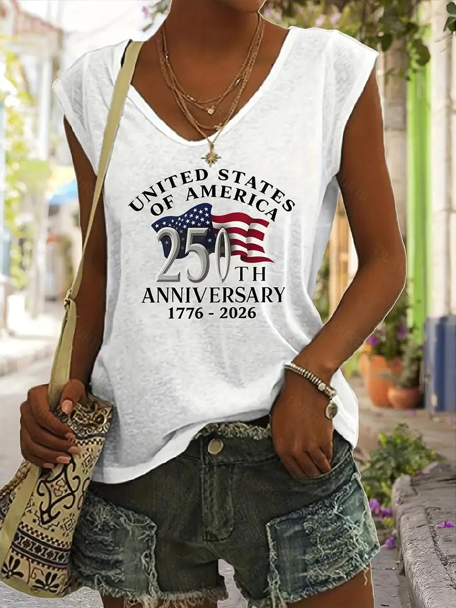 American Flag 250th Anniversary Print V-neck Tank Top