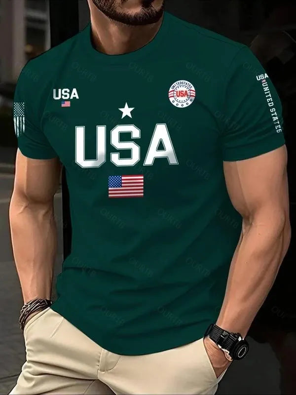 Men's USA Flag Print Round Neck Tee, Regular Fit Casual Short Sleeve Crew Neck T-Shirt for Summer, Fashion Men's Top for Daily Wear