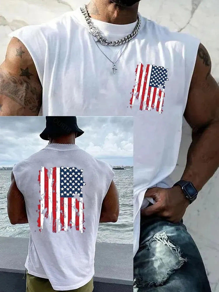 American Flag Pattern Round Neck 100% Cotton Tank Top
