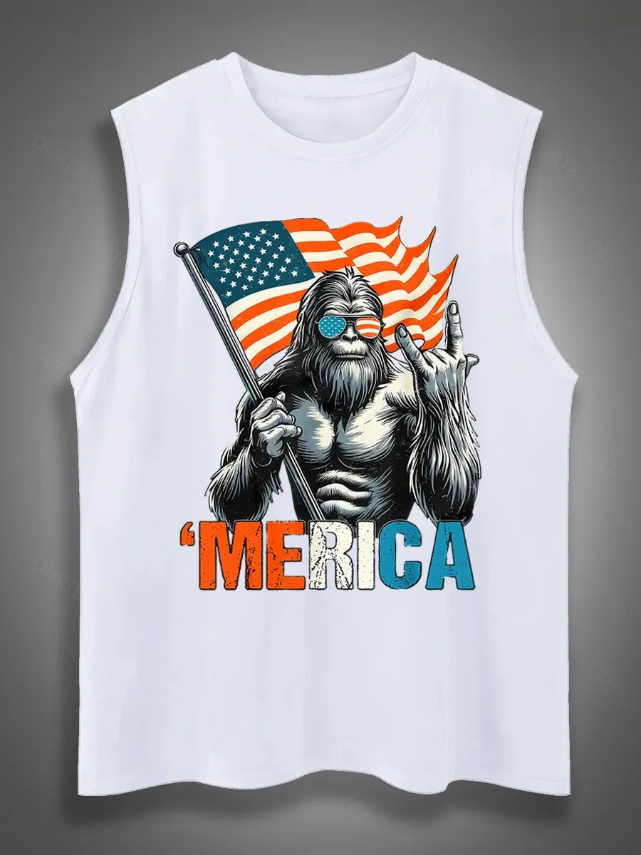 Merica Bigfoot Print Cotton Sleeveless Tank Tops