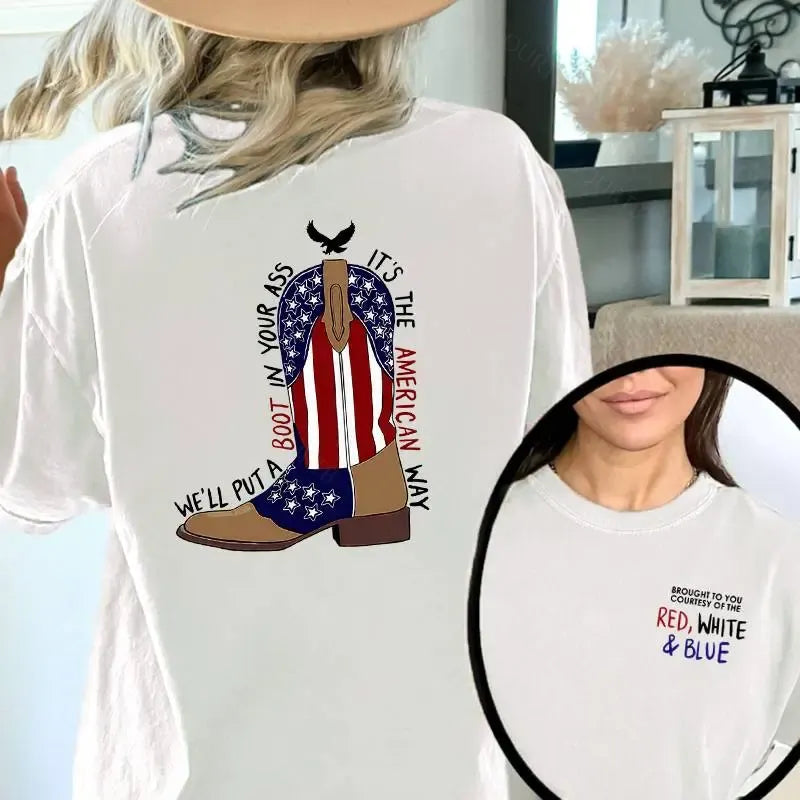 Red White And Blue  Pattern Print 100%Cotton T-Shirt